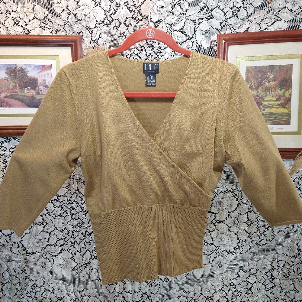 INC bronze tan brown wrap knit sweater gathered waist cropped 3/4 sleeve v neck